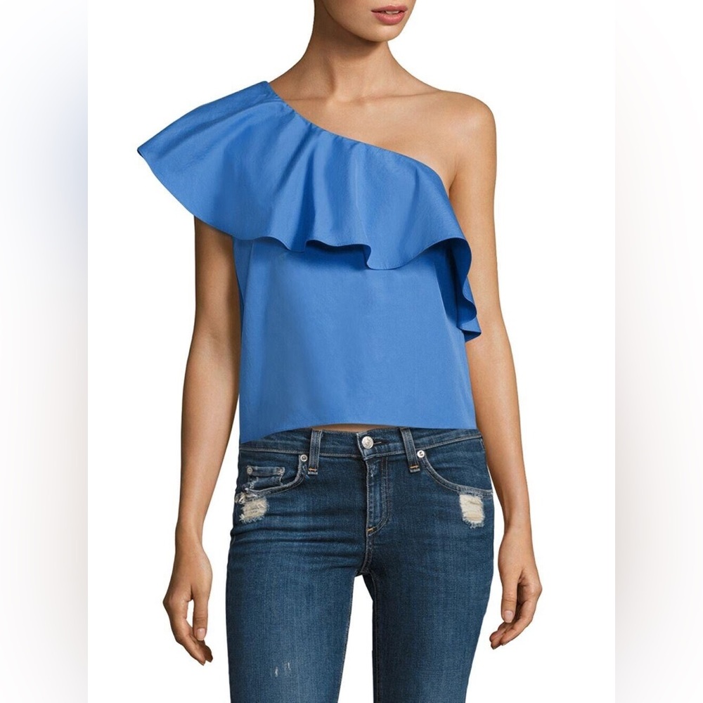 Alice + Olivia Calla Cornflower Blue One Shoulder Ruffle Trim Top. Size XS